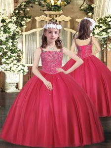 Straps Sleeveless Child Pageant Dress Floor Length Beading Coral Red Tulle