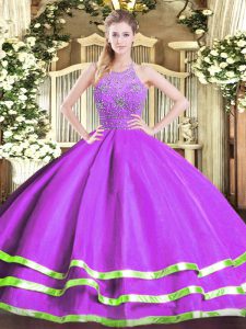 Charming Eggplant Purple Ball Gowns Beading Sweet 16 Dresses Zipper Tulle Sleeveless Floor Length