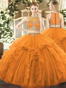 Superior Orange Sleeveless Floor Length Beading and Ruffles Zipper Quinceanera Dresses