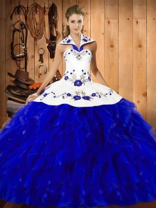Custom Designed Blue And White Satin and Organza Lace Up 15th Birthday Dress Sleeveless Floor Length Embroidery and Ruffles
