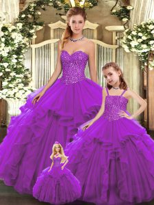 Eggplant Purple Ball Gowns Sweetheart Sleeveless Organza Floor Length Lace Up Beading and Ruffles 15th Birthday Dress