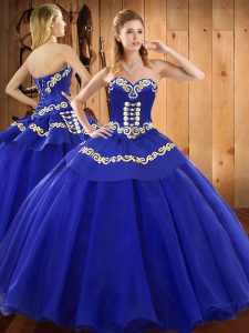 Blue Ball Gowns Embroidery Ball Gown Prom Dress Lace Up Satin and Tulle Sleeveless Floor Length