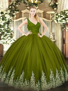 Olive Green Sleeveless Tulle Zipper Quinceanera Dress for Sweet 16 and Quinceanera