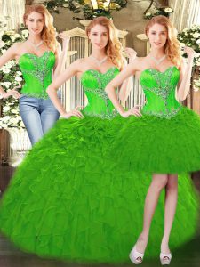 Unique Green Lace Up Sweet 16 Dresses Beading and Ruffles Sleeveless Floor Length