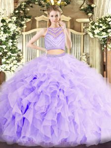 New Arrival Organza Scoop Sleeveless Zipper Beading and Ruffles Quinceanera Gowns in Lavender