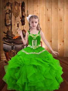 Pretty Embroidery and Ruffles Little Girls Pageant Gowns Green Lace Up Sleeveless Floor Length