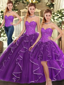 Floor Length Lace Up Quinceanera Dress Eggplant Purple for Military Ball and Sweet 16 and Quinceanera with Beading and Ruffles