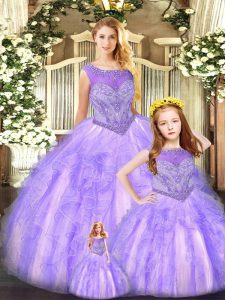 Latest Floor Length Lavender Quinceanera Dress Scoop Sleeveless Lace Up