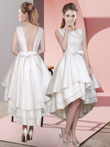 Romantic White Lace Up Scoop Ruffled Layers Dama Dress Satin Sleeveless