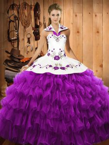 Inexpensive Eggplant Purple Organza Lace Up Halter Top Sleeveless Floor Length Sweet 16 Dresses Embroidery and Ruffled Layers