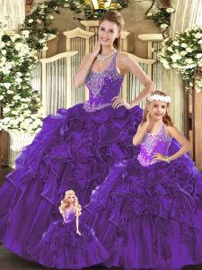 Delicate Beading and Ruffles Sweet 16 Quinceanera Dress Purple Lace Up Sleeveless Floor Length