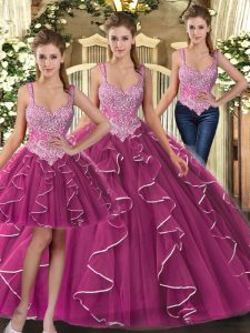 Fashionable Fuchsia Sweet 16 Quinceanera Dress Military Ball and Sweet 16 and Quinceanera with Beading and Ruffles Straps Sleeveless Lace Up