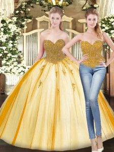 New Arrival Gold Sleeveless Floor Length Beading and Appliques Lace Up Vestidos de Quinceanera