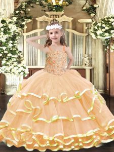 Floor Length Peach Little Girl Pageant Dress Organza Sleeveless Beading and Ruffled Layers