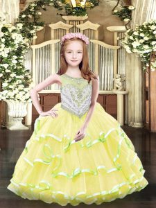 Nice Yellow Ball Gowns Scoop Sleeveless Organza Floor Length Zipper Beading and Ruffled Layers Kids Formal Wear