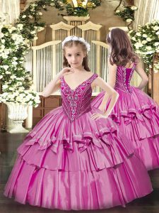 Custom Designed V-neck Sleeveless Organza Pageant Dress for Teens Beading and Ruffled Layers Lace Up