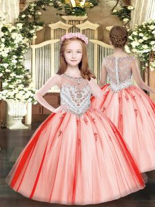 Coral Red Zipper Scoop Beading and Appliques High School Pageant Dress Tulle Sleeveless
