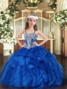 Straps Sleeveless Lace Up Girls Pageant Dresses Blue Organza