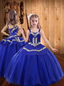 Customized Floor Length Royal Blue Little Girl Pageant Dress Straps Sleeveless Lace Up