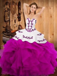 Strapless Sleeveless Lace Up Quinceanera Gowns Fuchsia Satin and Organza