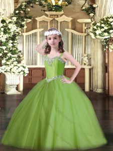 Best Straps Sleeveless Little Girls Pageant Gowns Sweep Train Beading Tulle