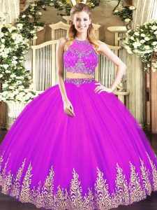 Sweet Floor Length Zipper Ball Gown Prom Dress Fuchsia for Military Ball and Sweet 16 and Quinceanera with Beading and Appliques