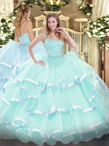Best Selling Organza Sleeveless Floor Length Quince Ball Gowns and Beading and Ruffled Layers