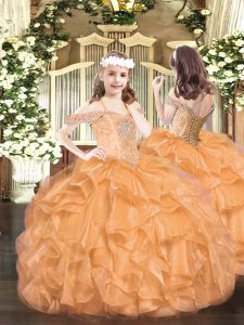 Organza Off The Shoulder Sleeveless Lace Up Beading and Ruffles Little Girl Pageant Gowns in Orange