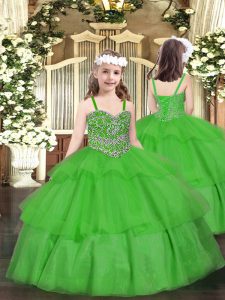 Discount Green Organza Lace Up Straps Sleeveless Floor Length Girls Pageant Dresses Beading and Ruffled Layers