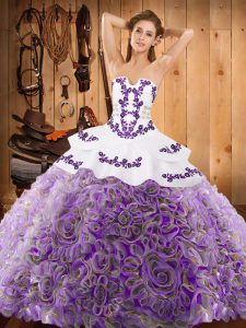 Strapless Sleeveless Sweep Train Lace Up 15 Quinceanera Dress Multi-color Satin and Fabric With Rolling Flowers