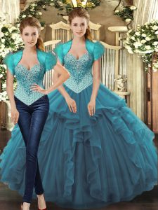 Teal Ball Gowns Tulle Straps Sleeveless Beading and Ruffles Floor Length Lace Up Quinceanera Gown
