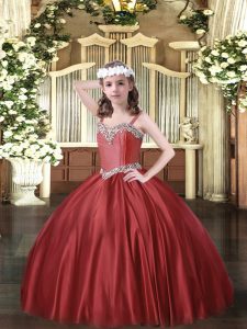 Superior Floor Length Lace Up Child Pageant Dress Wine Red for Party and Quinceanera and Wedding Party with Beading