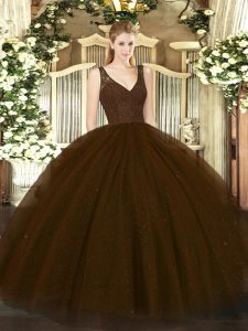 Comfortable V-neck Sleeveless Zipper Quinceanera Gown Brown Tulle and Sequined