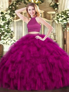Elegant Fuchsia Ball Gowns Organza Halter Top Sleeveless Beading and Ruffles Floor Length Backless 15th Birthday Dress
