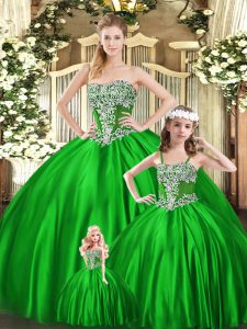Green Strapless Lace Up Beading Quinceanera Gowns Sleeveless