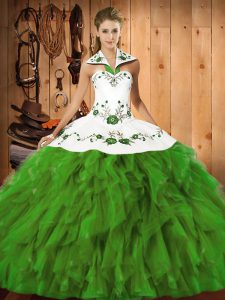 Olive Green Sleeveless Satin and Organza Lace Up Quinceanera Gowns for Military Ball and Sweet 16 and Quinceanera