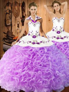 Glamorous Fabric With Rolling Flowers Halter Top Sleeveless Lace Up Embroidery 15th Birthday Dress in Lilac