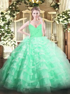 Clearance Apple Green Sleeveless Floor Length Ruffled Layers Zipper Quince Ball Gowns