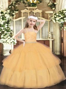Orange Zipper Straps Beading and Lace and Ruffled Layers Little Girls Pageant Gowns Organza Sleeveless