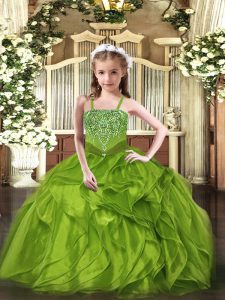 Olive Green Organza Lace Up Evening Gowns Sleeveless Floor Length Beading and Ruffles
