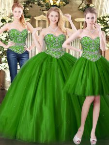 Dark Green Sleeveless Floor Length Beading Lace Up Quinceanera Dress