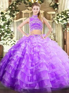 Unique Floor Length Lavender Sweet 16 Dresses Tulle Sleeveless Beading and Ruffled Layers