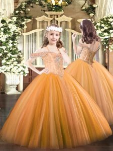 Elegant Floor Length Orange Girls Pageant Dresses Off The Shoulder Sleeveless Lace Up
