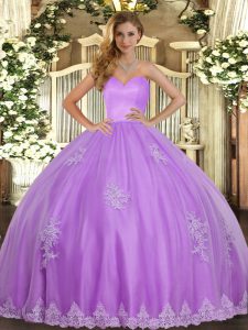Lavender Ball Gowns Beading and Appliques Quinceanera Gown Lace Up Tulle Sleeveless Floor Length