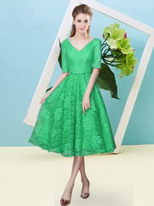 Turquoise Lace Lace Up V-neck Half Sleeves Tea Length Court Dresses for Sweet 16 Bowknot