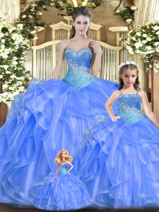 Baby Blue Tulle Lace Up Sweet 16 Dress Sleeveless Floor Length Beading and Ruffles