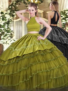 Floor Length Olive Green Quinceanera Gowns Organza Sleeveless Beading and Embroidery and Ruffled Layers