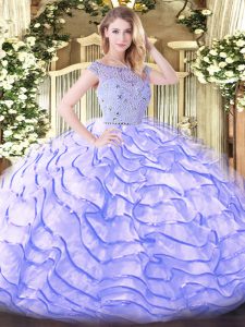 Romantic Sweep Train Ball Gowns Vestidos de Quinceanera Lavender Bateau Tulle Sleeveless Zipper