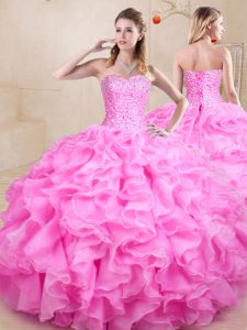 Rose Pink Lace Up Sweetheart Beading and Ruffles Quinceanera Gowns Organza Sleeveless