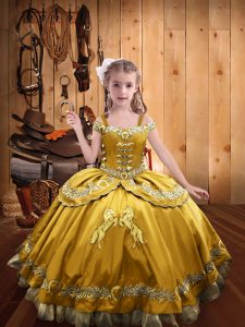 Gold Ball Gowns Satin Off The Shoulder Sleeveless Beading and Embroidery Floor Length Lace Up Girls Pageant Dresses